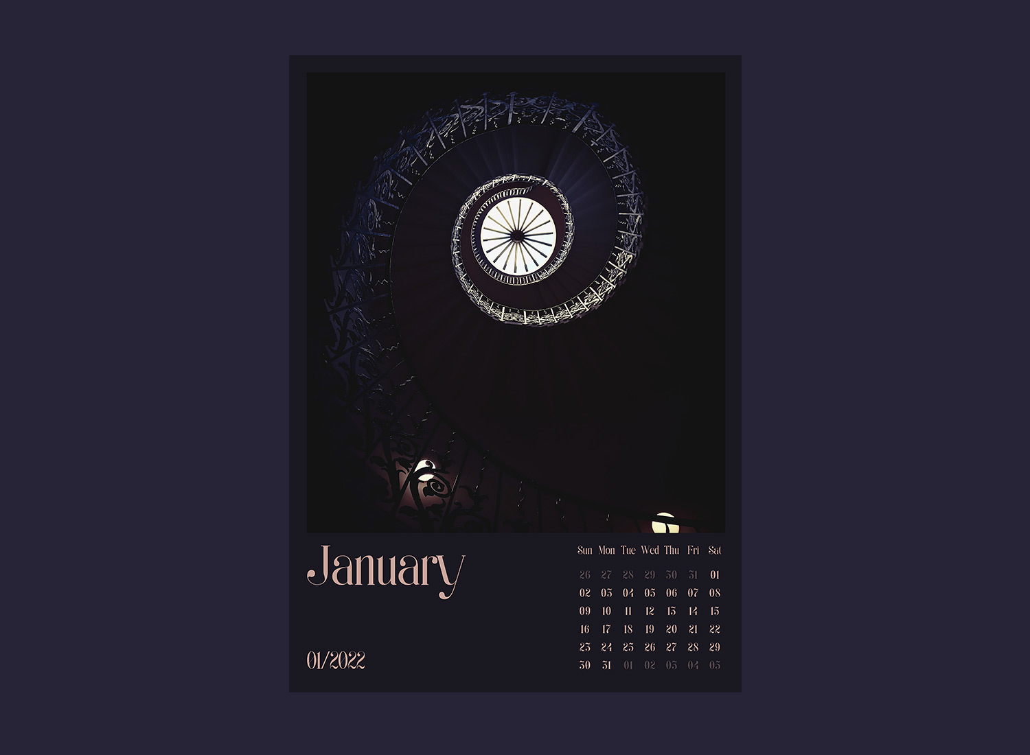 Шаблон календаря на 2022 год Spiral Architecture - Январь