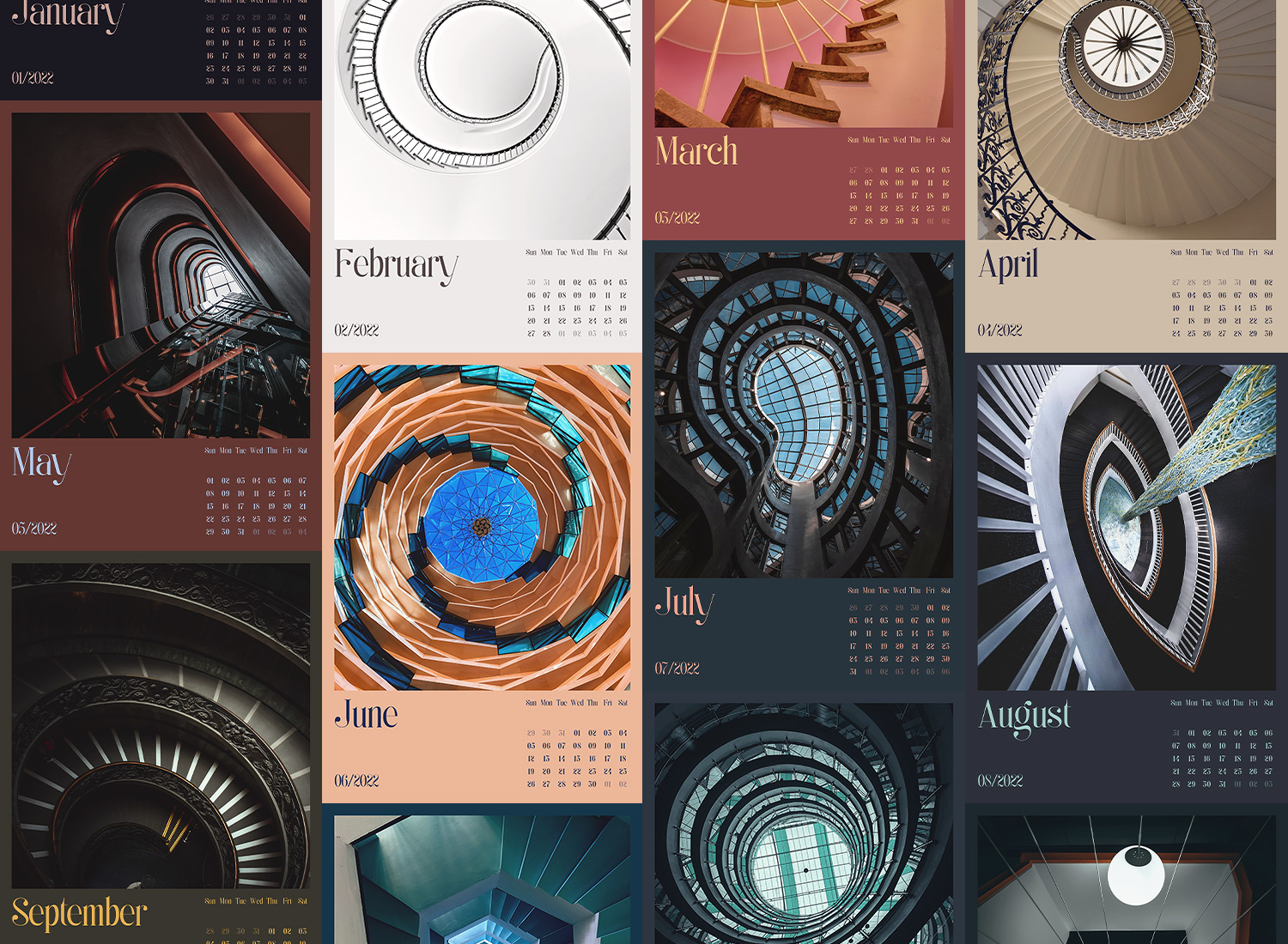 Шаблон календаря на 2022 год Spiral Architecture - 12 месяцев